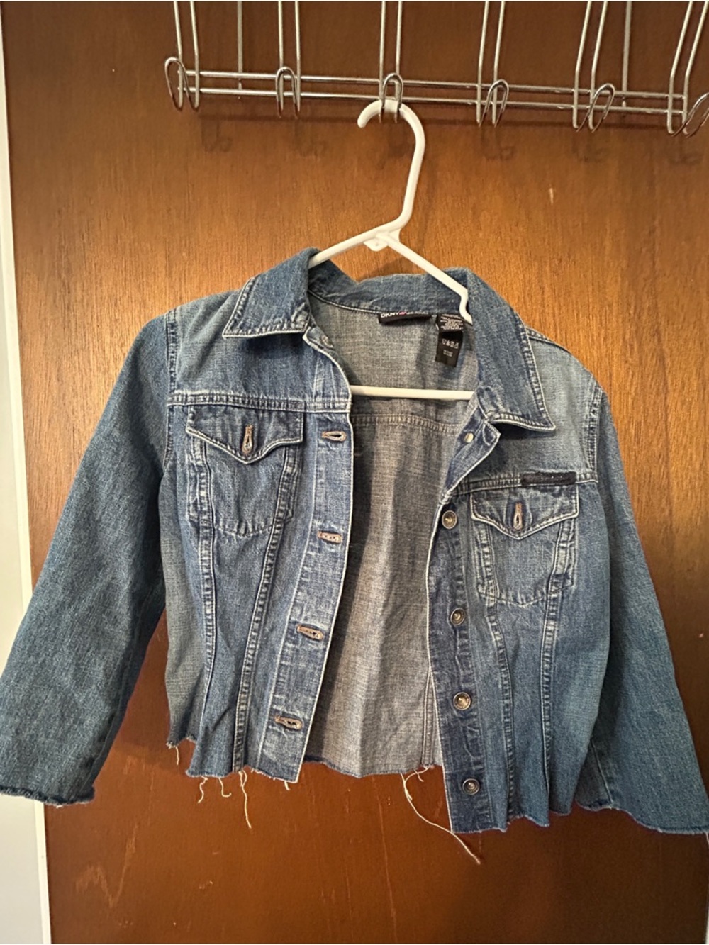 DKNY Cropped Denim Jacket Raw Hem Light Wash Size S